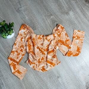 NORDSTROM OPEN EDIT Orange Floral Off Shoulder Smocked Square Neck Top Small